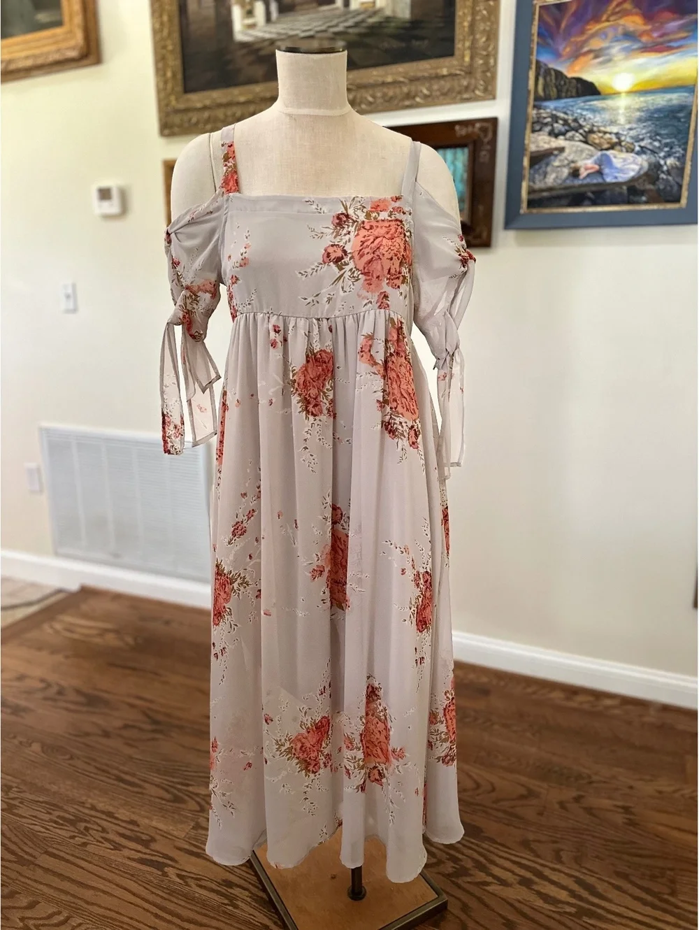 Free People Tied for You Lilac Gray Floral Coral Airy Maxi Dress Size S